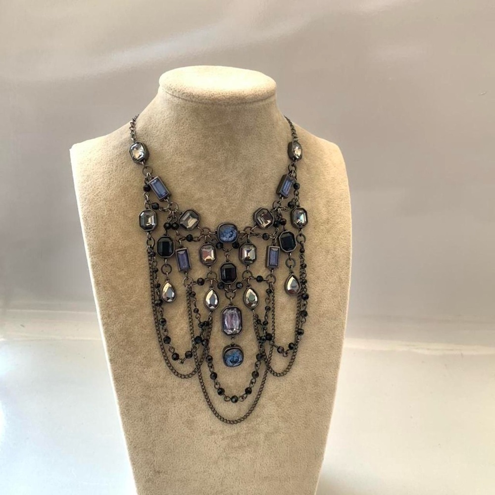White House Black Market Blue and Silver Multi Strand Crystal Bib Necklace - Picture 5 of 8